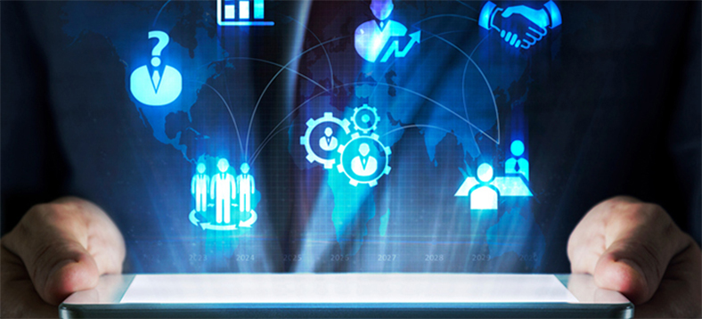 Man holding up a tablet that has a holographic concept map with icons including charts
