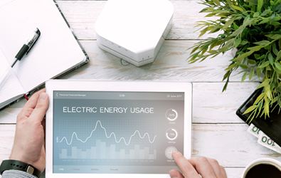 person holding a tablet displaying an Electric Energy Usage graph and using the touchscreen to click an option